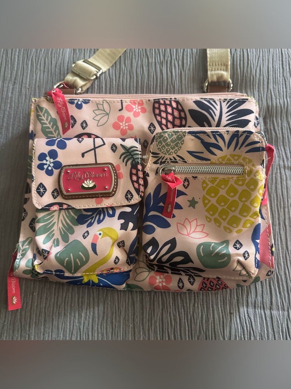 Lily Bloom Tropical Crossbody Purse Pineapple Flamingo 3 Pocket Colorful